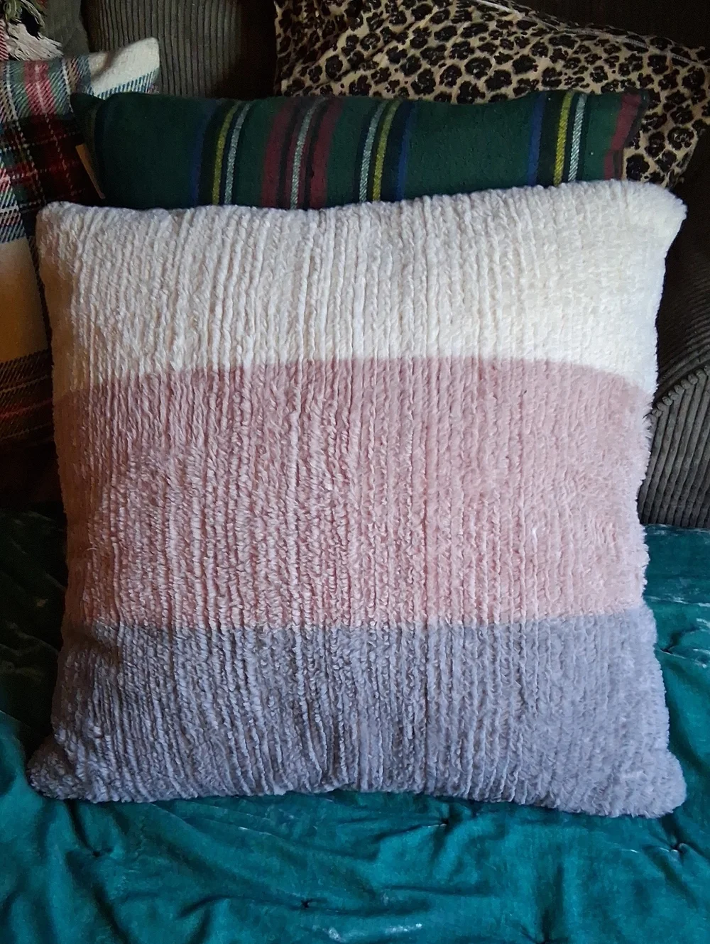 Plush Striped Throw Pillow - Gray, Pink & Cream